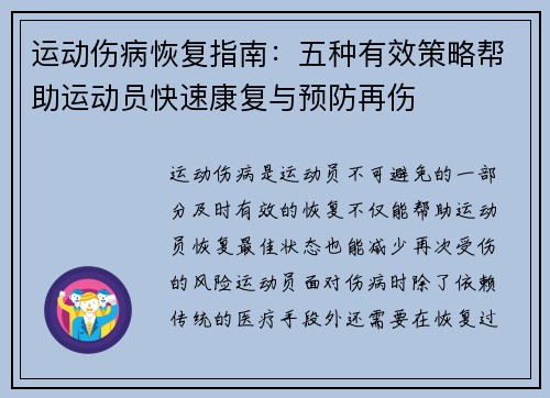 运动伤病恢复指南：五种有效策略帮助运动员快速康复与预防再伤