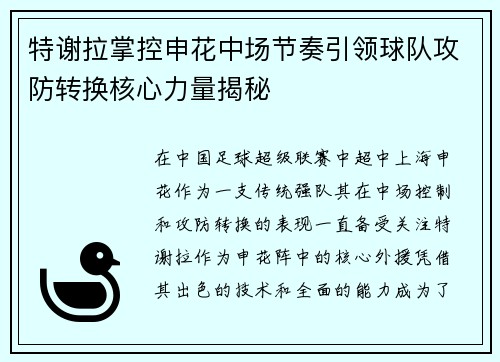 特谢拉掌控申花中场节奏引领球队攻防转换核心力量揭秘