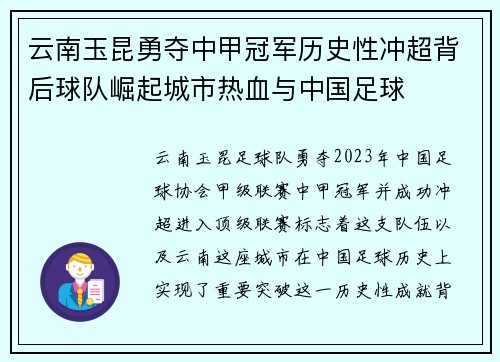 云南玉昆勇夺中甲冠军历史性冲超背后球队崛起城市热血与中国足球