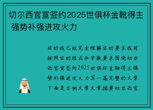 切尔西官宣签约2025世俱杯金靴得主 强势补强进攻火力