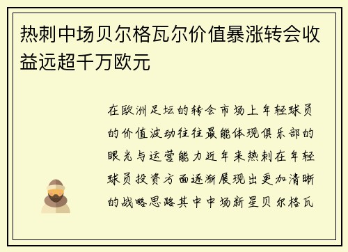热刺中场贝尔格瓦尔价值暴涨转会收益远超千万欧元